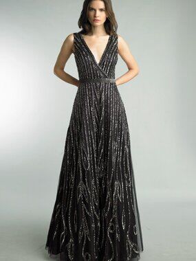 D9135L All Over Sequin V Neck Gown - Black Silver